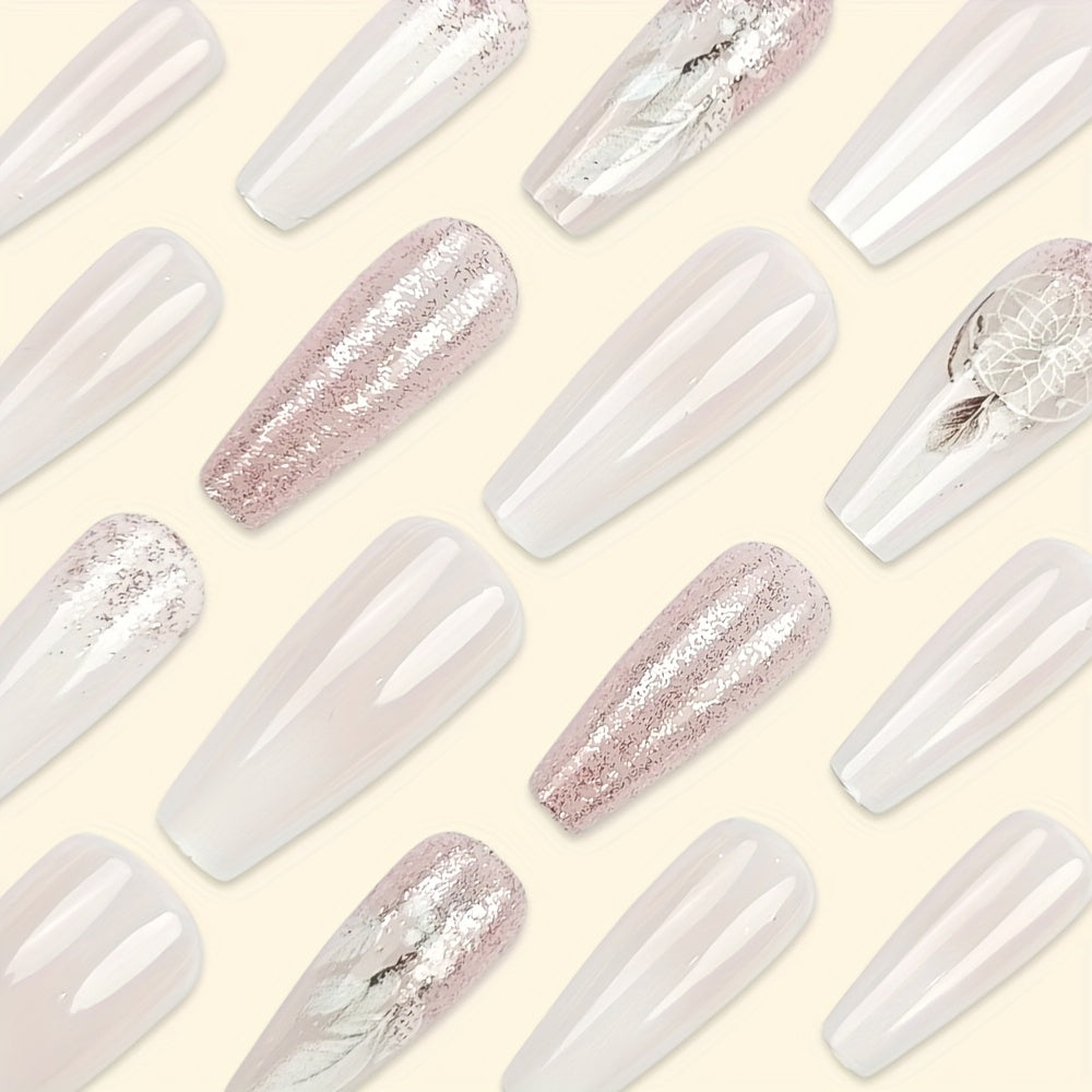 24pcs Set of Coffee glitter gradient dream catcher white feather with Glossy Finish, Removable Pattern Fake Nails for Women & Girls - Ideal for Spring & Summer, Nails for Girls