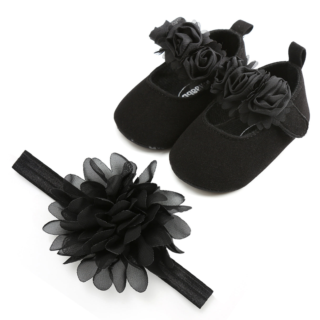 Baby Girls Mary Jane Flat Shoes With Floral Decor & Headband, Princess Wedding Crib Shoes For Infant Newborn First Walkers Prewalkers