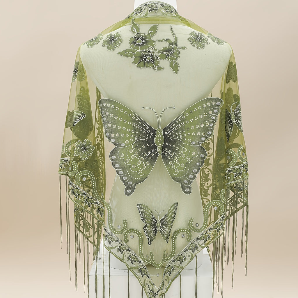 [Elegant Scarf] Elegant Breathable Triangle Scarf - 29.5"×55.1" Butterfly Flower Embroidery Lace Tassel Shawl Windproof Wrap Outdoor Accessories