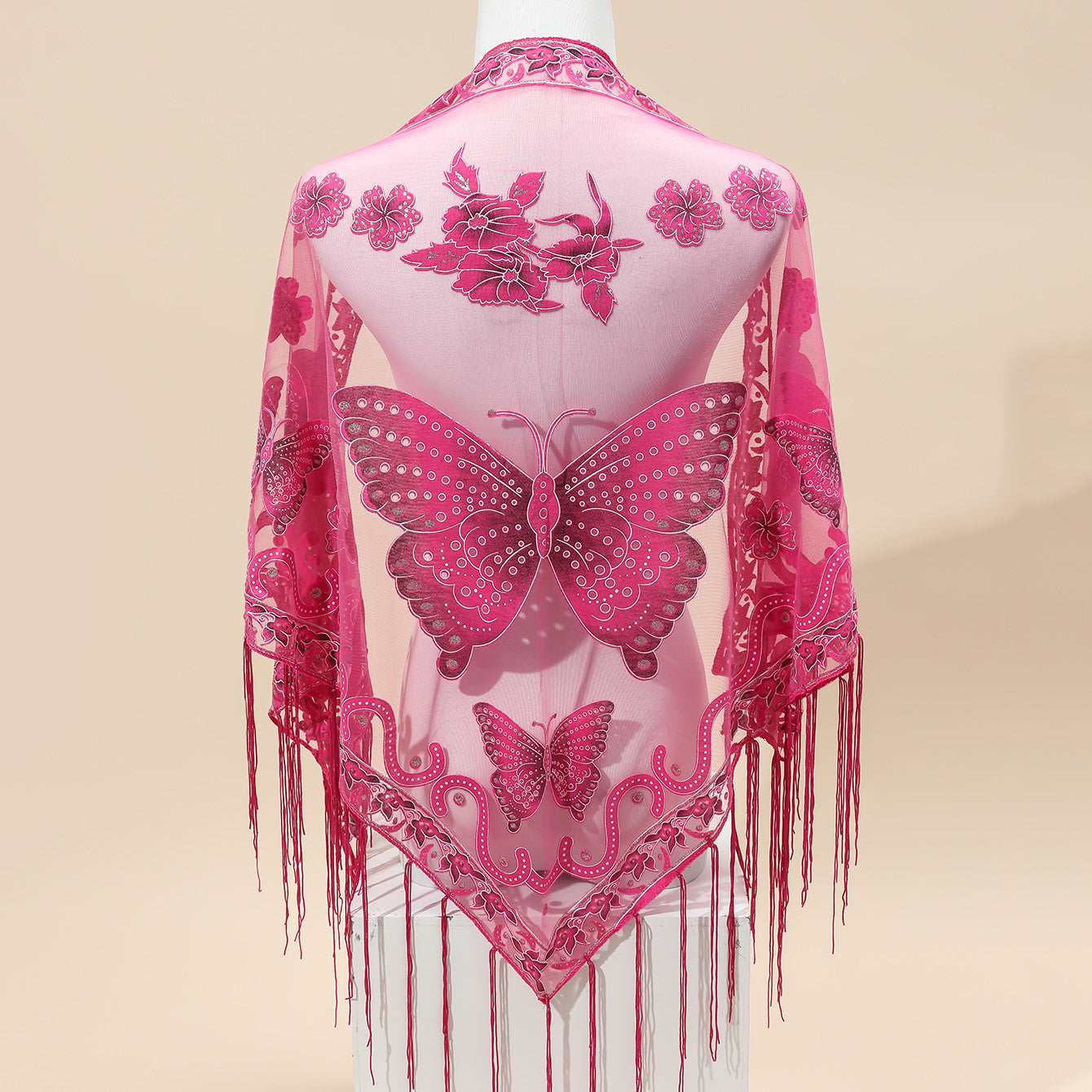 [Elegant Scarf] Elegant Breathable Triangle Scarf - 29.5"×55.1" Butterfly Flower Embroidery Lace Tassel Shawl Windproof Wrap Outdoor Accessories