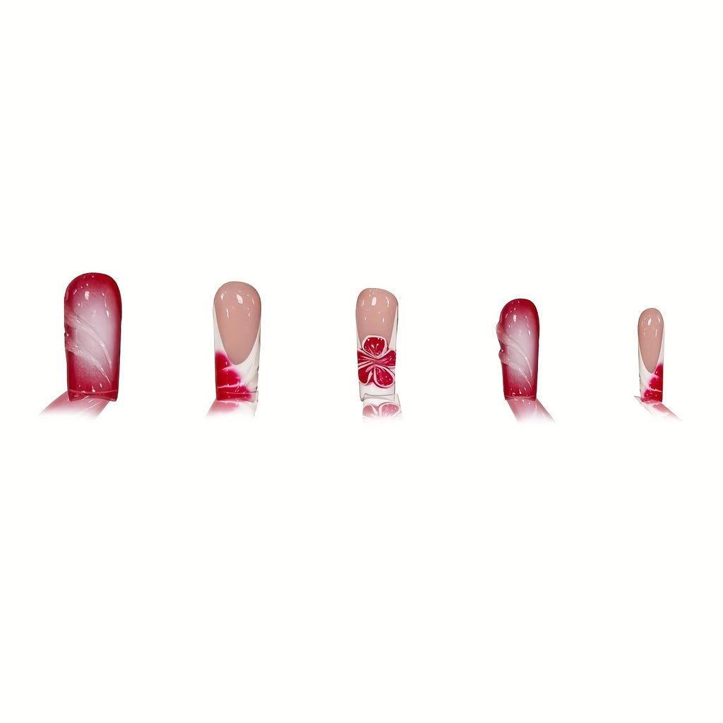 24pcs Ombre White French and Three-dimensional Striped Red Flower Long Water Pipe Shaped False Nails Sweet Cool Press-on Nails with Jelly Glue and Nail File Suitable for All Women