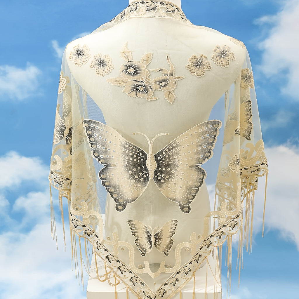 [Elegant Scarf] Elegant Breathable Triangle Scarf - 29.5"×55.1" Butterfly Flower Embroidery Lace Tassel Shawl Windproof Wrap Outdoor Accessories