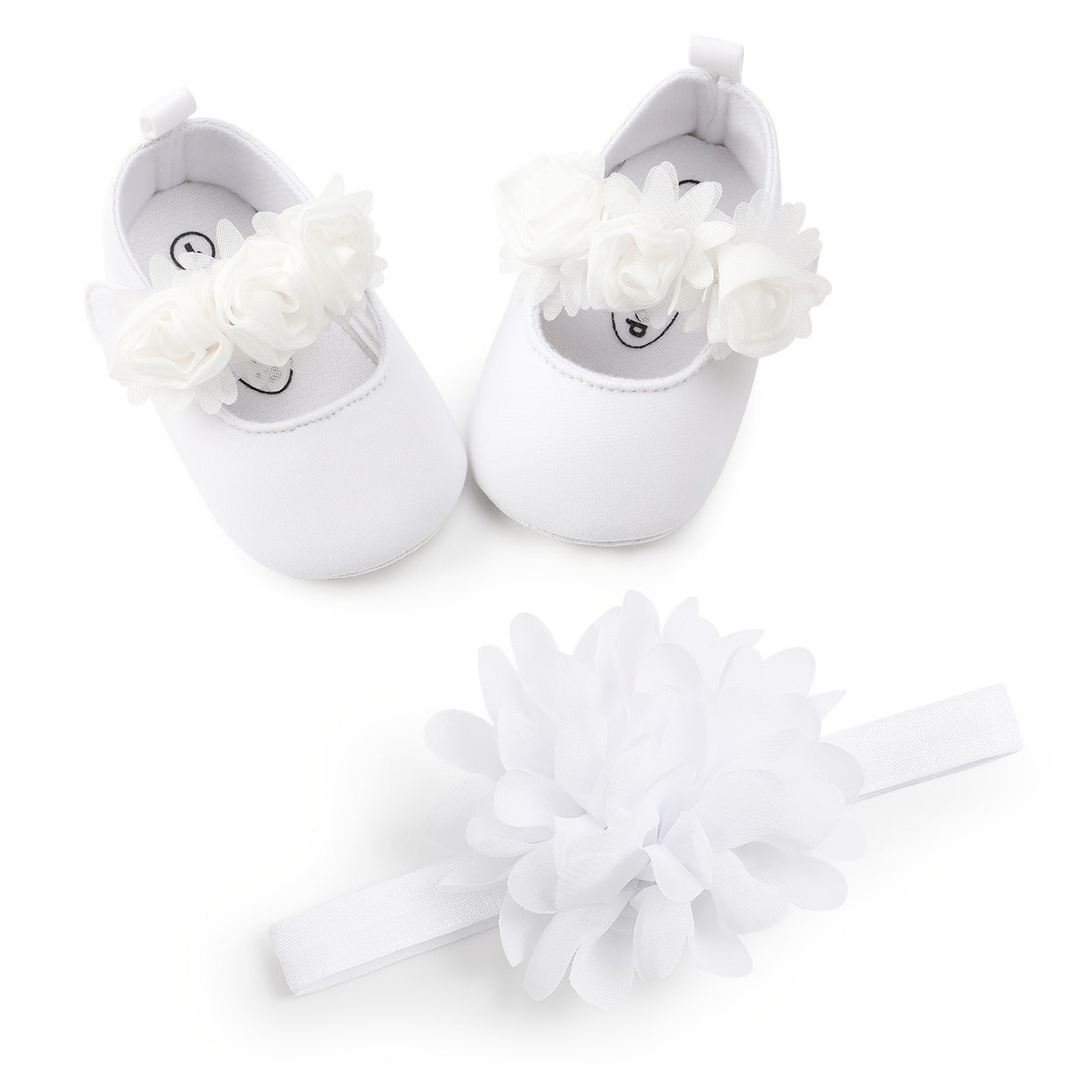 Baby Girls Mary Jane Flat Shoes With Floral Decor & Headband, Princess Wedding Crib Shoes For Infant Newborn First Walkers Prewalkers