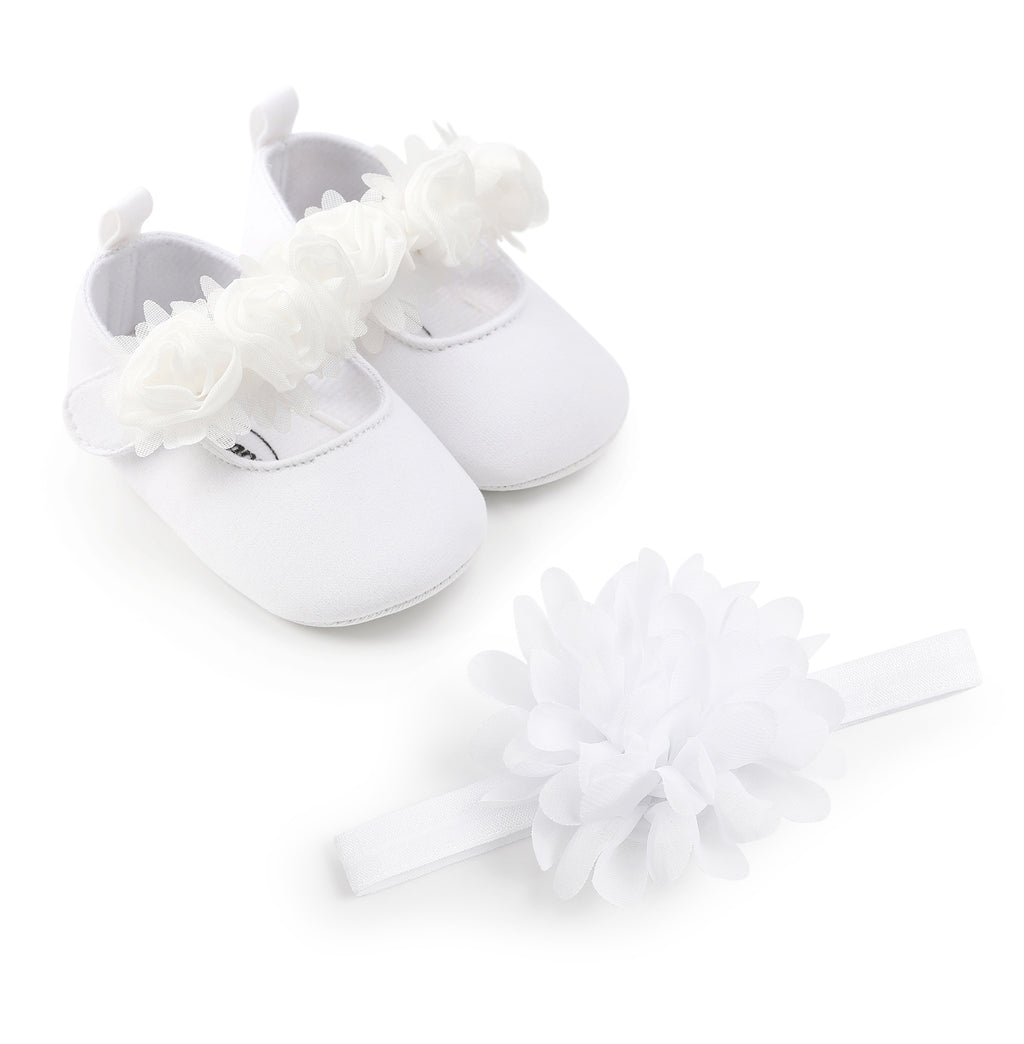 Baby Girls Mary Jane Flat Shoes With Floral Decor & Headband, Princess Wedding Crib Shoes For Infant Newborn First Walkers Prewalkers