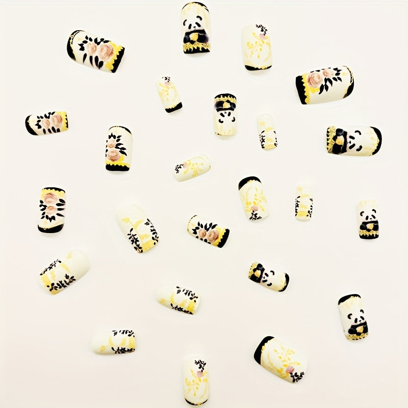 24pcs Short Square Matte Press-On Nails with Cute Panda & Floral Design – White Base, Black & Pink Accents, Golden Glitter, Perfect for Parties, Gifts, and Everyday Elegance