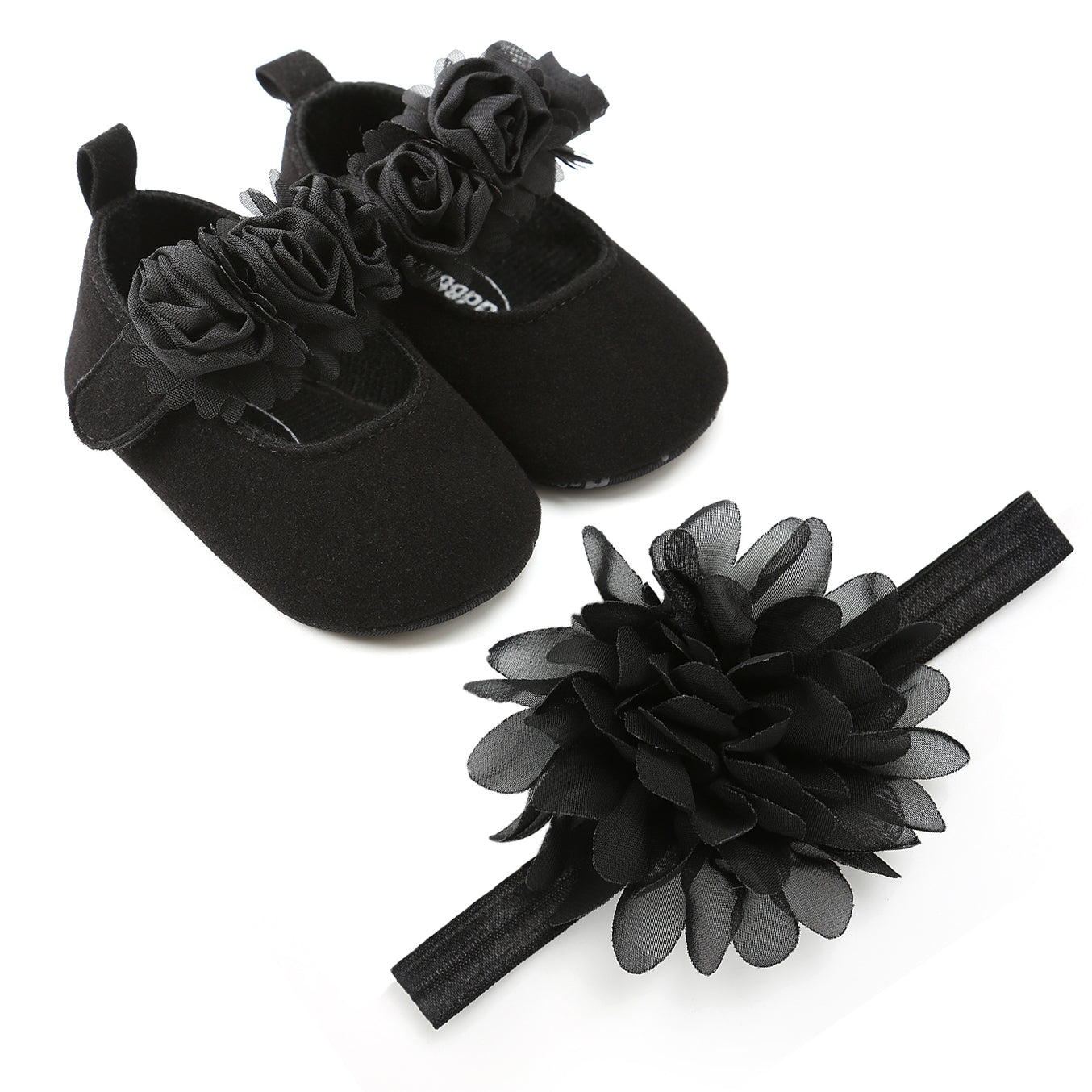 Baby Girls Mary Jane Flat Shoes With Floral Decor & Headband, Princess Wedding Crib Shoes For Infant Newborn First Walkers Prewalkers