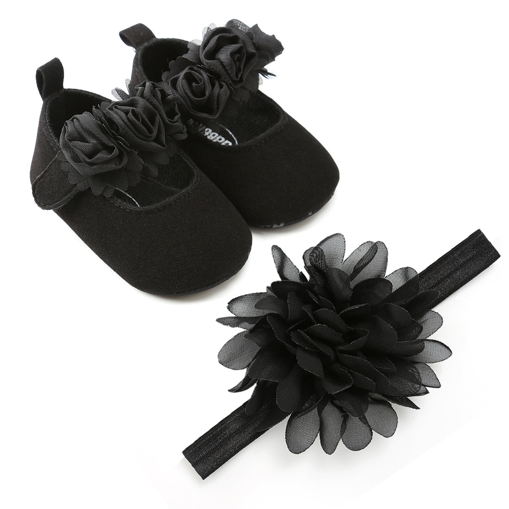 Baby Girls Mary Jane Flat Shoes With Floral Decor & Headband, Princess Wedding Crib Shoes For Infant Newborn First Walkers Prewalkers