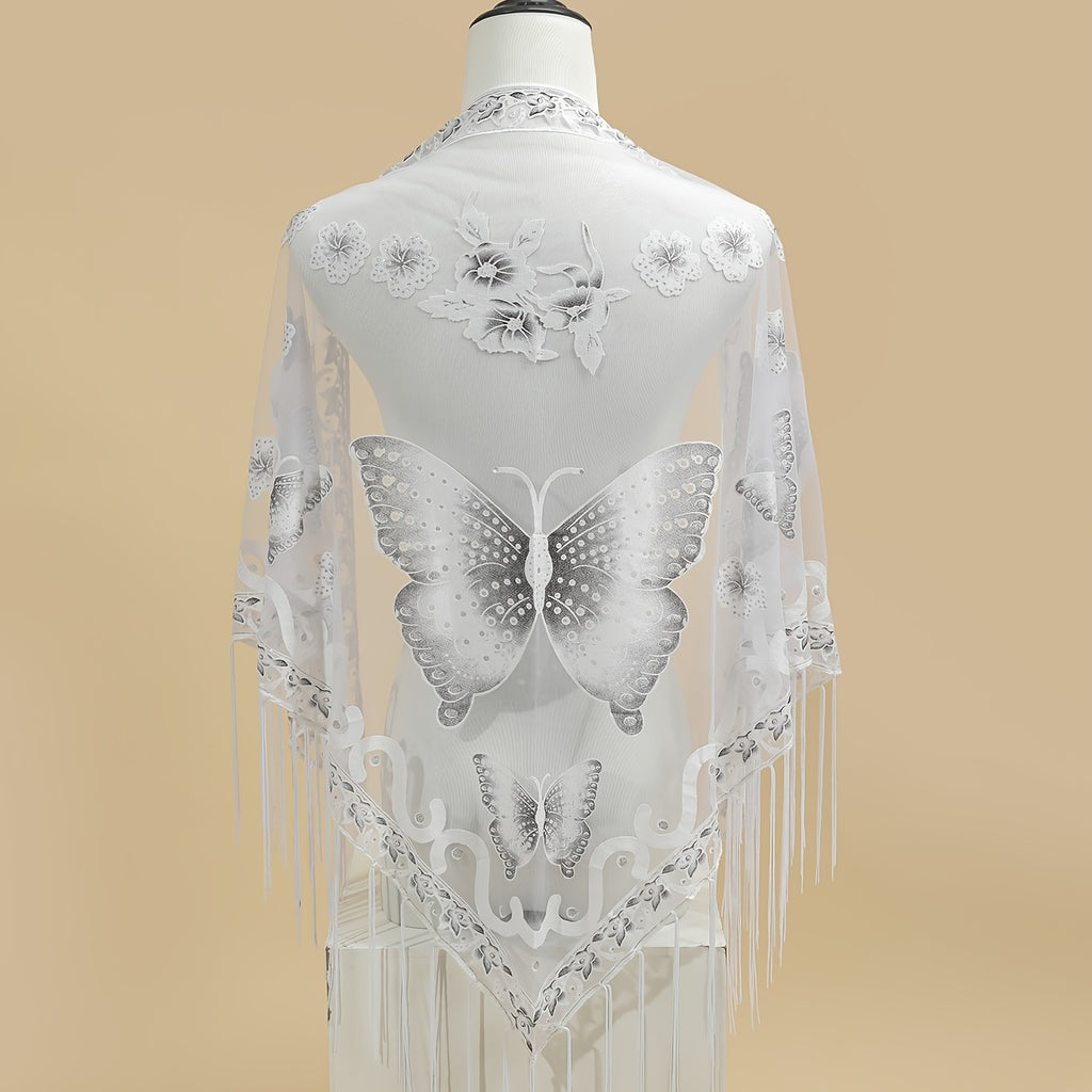 [Elegant Scarf] Elegant Breathable Triangle Scarf - 29.5"×55.1" Butterfly Flower Embroidery Lace Tassel Shawl Windproof Wrap Outdoor Accessories