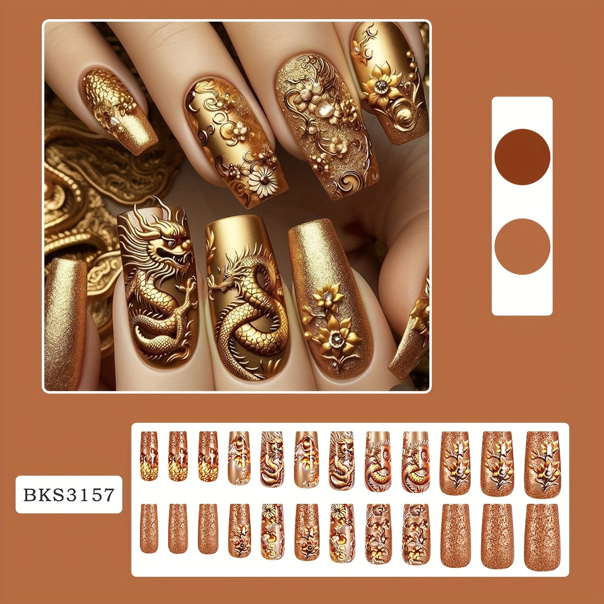 [24pcs Golden Press-On Nails] 24pcs Luxurious Golden Dragon & Floral Design Long Square Press-On Nails | Sparkling Metallic Finish with Jelly Glue & Nail File Included