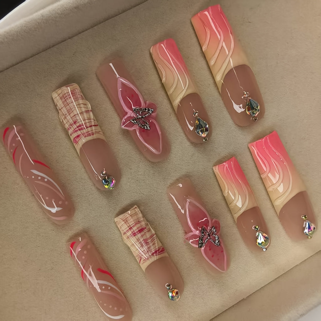 10pcs Handmade Press-On Nails for Women, Full Cover Reusable French Manicure with Cute Flowers, Bowknots & Gradient Design, Sparkling Hand-Painted Nails, Pink & Nude, Middle Length, Glossy Finish, French Tip Nails | Floral Na