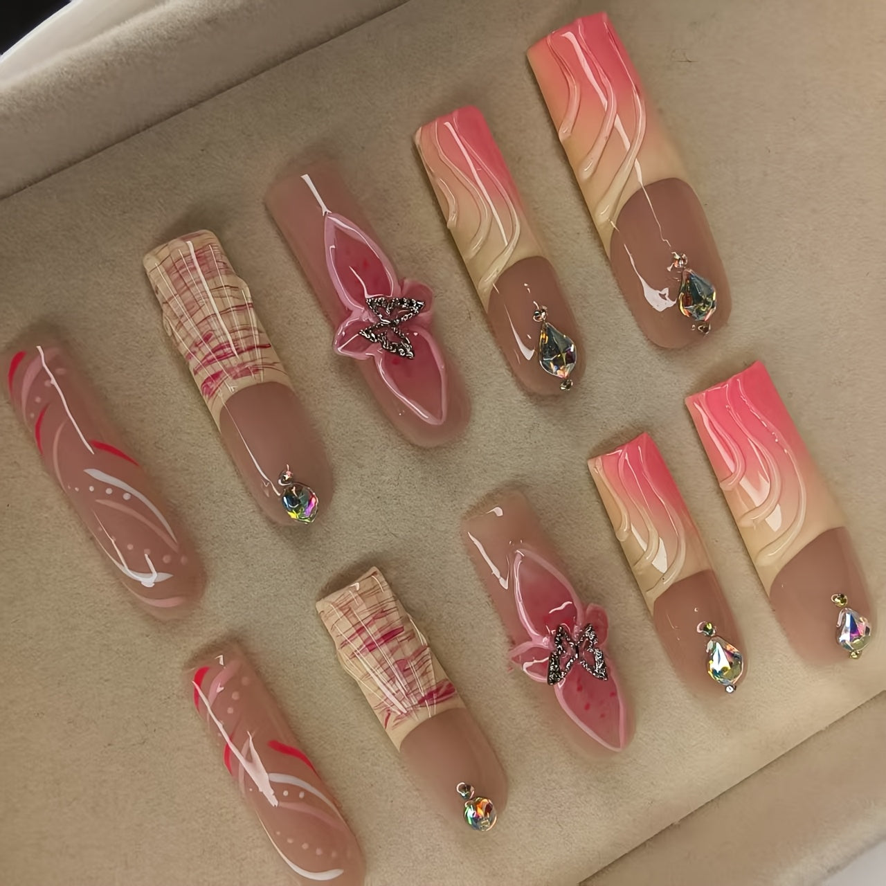 10pcs Handmade Press-On Nails for Women, Full Cover Reusable French Manicure with Cute Flowers, Bowknots & Gradient Design, Sparkling Hand-Painted Nails, Pink & Nude, Middle Length, Glossy Finish, French Tip Nails | Floral Na