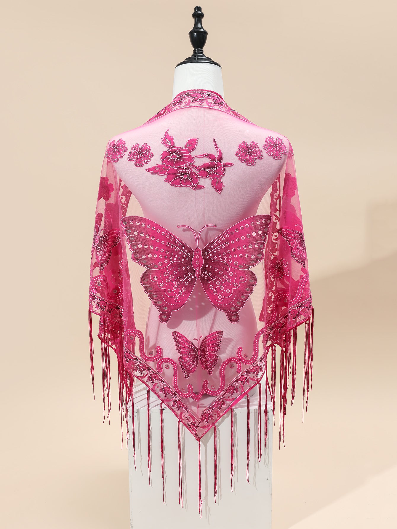 [Elegant Scarf] Elegant Breathable Triangle Scarf - 29.5"×55.1" Butterfly Flower Embroidery Lace Tassel Shawl Windproof Wrap Outdoor Accessories
