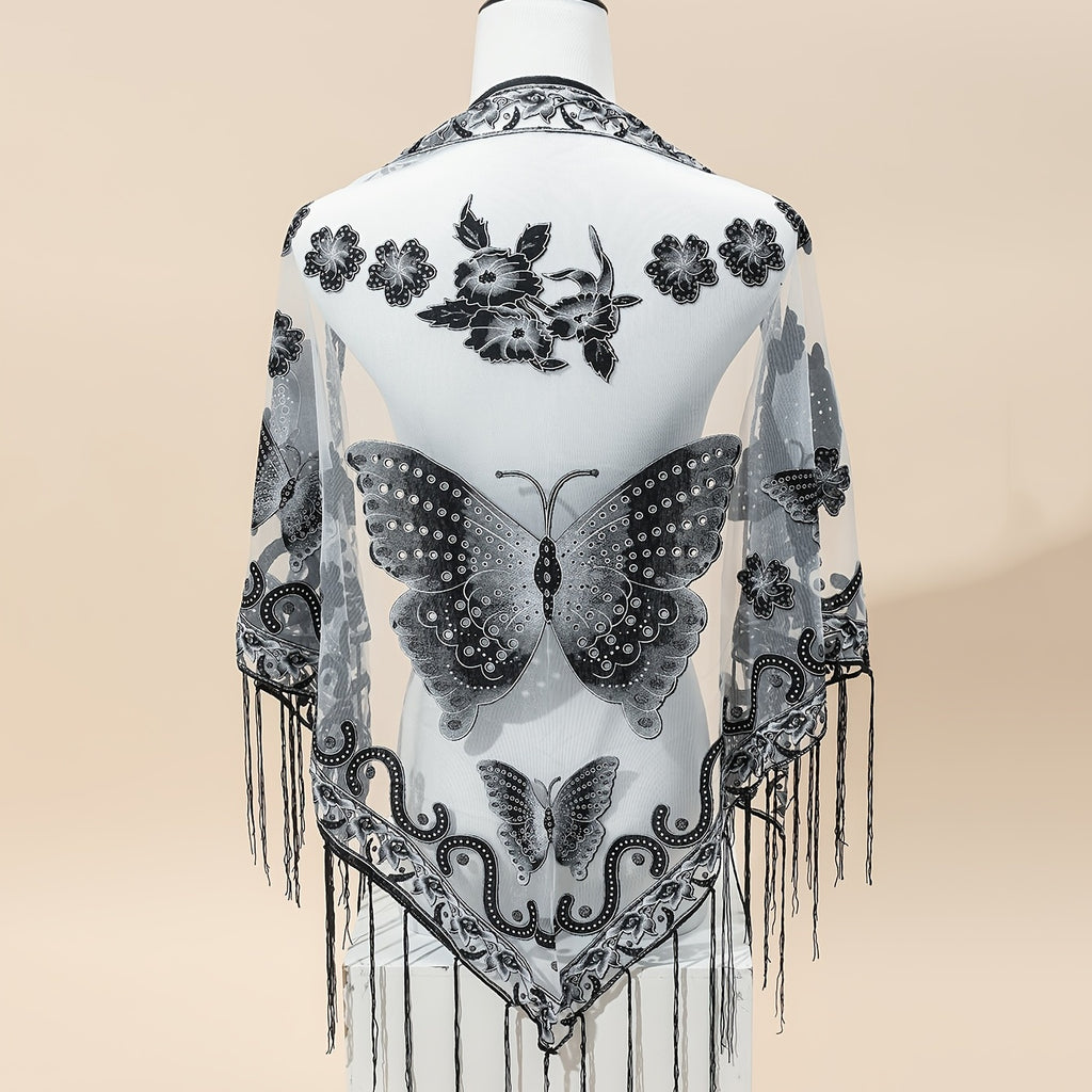 [Elegant Scarf] Elegant Breathable Triangle Scarf - 29.5"×55.1" Butterfly Flower Embroidery Lace Tassel Shawl Windproof Wrap Outdoor Accessories