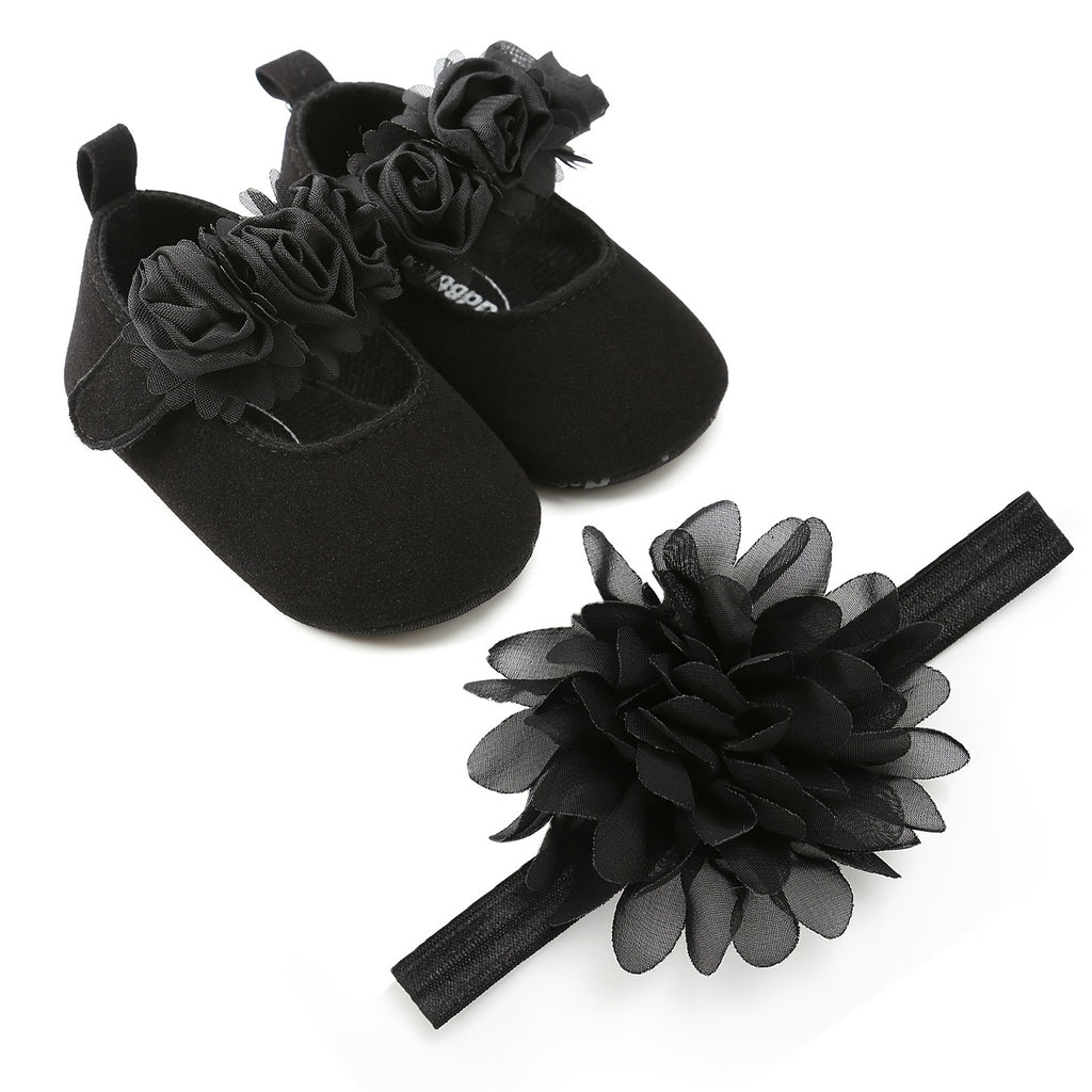 Baby Girls Mary Jane Flat Shoes With Floral Decor & Headband, Princess Wedding Crib Shoes For Infant Newborn First Walkers Prewalkers