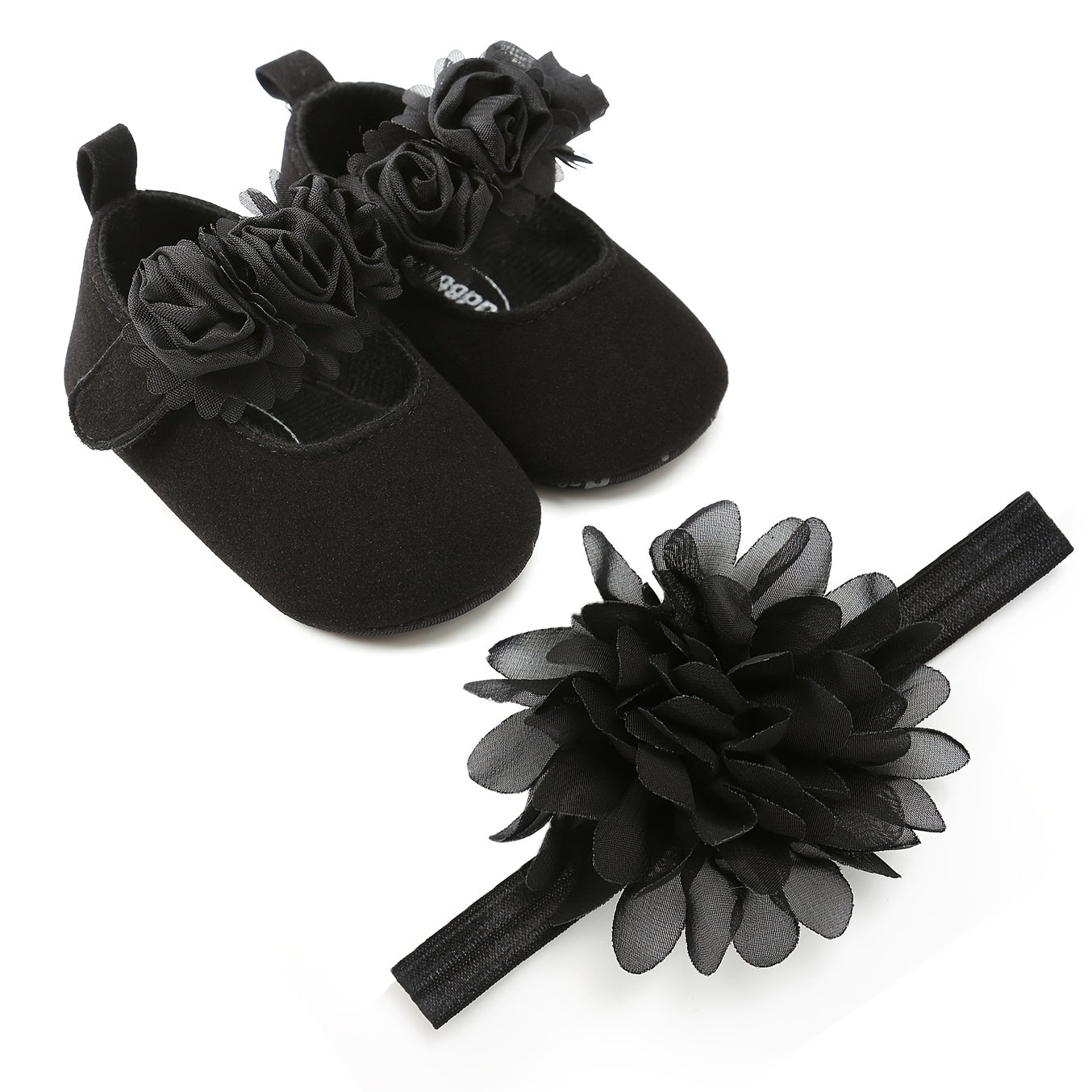 Baby Girls Mary Jane Flat Shoes With Floral Decor & Headband, Princess Wedding Crib Shoes For Infant Newborn First Walkers Prewalkers