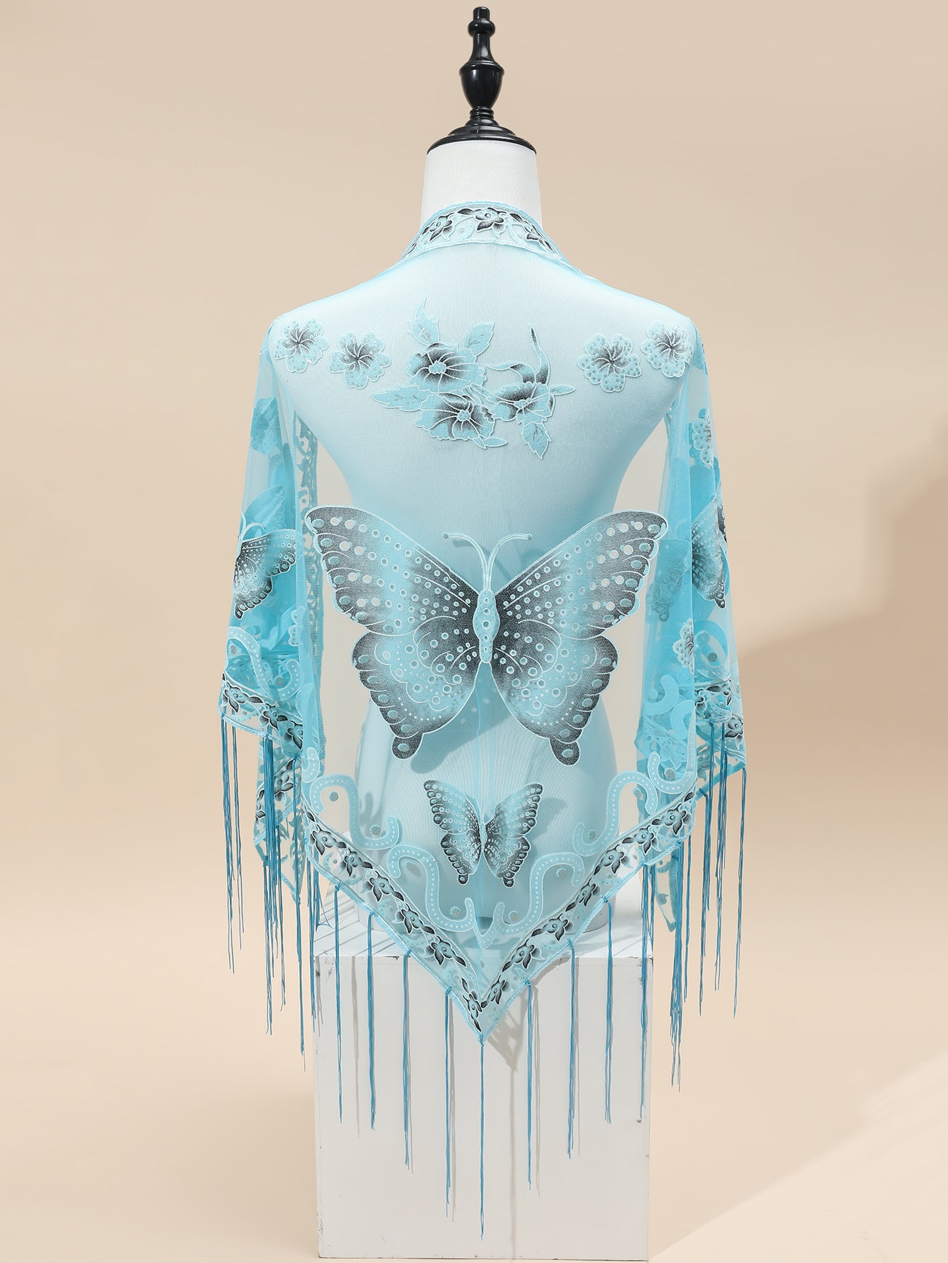 [Elegant Scarf] Elegant Breathable Triangle Scarf - 29.5"×55.1" Butterfly Flower Embroidery Lace Tassel Shawl Windproof Wrap Outdoor Accessories