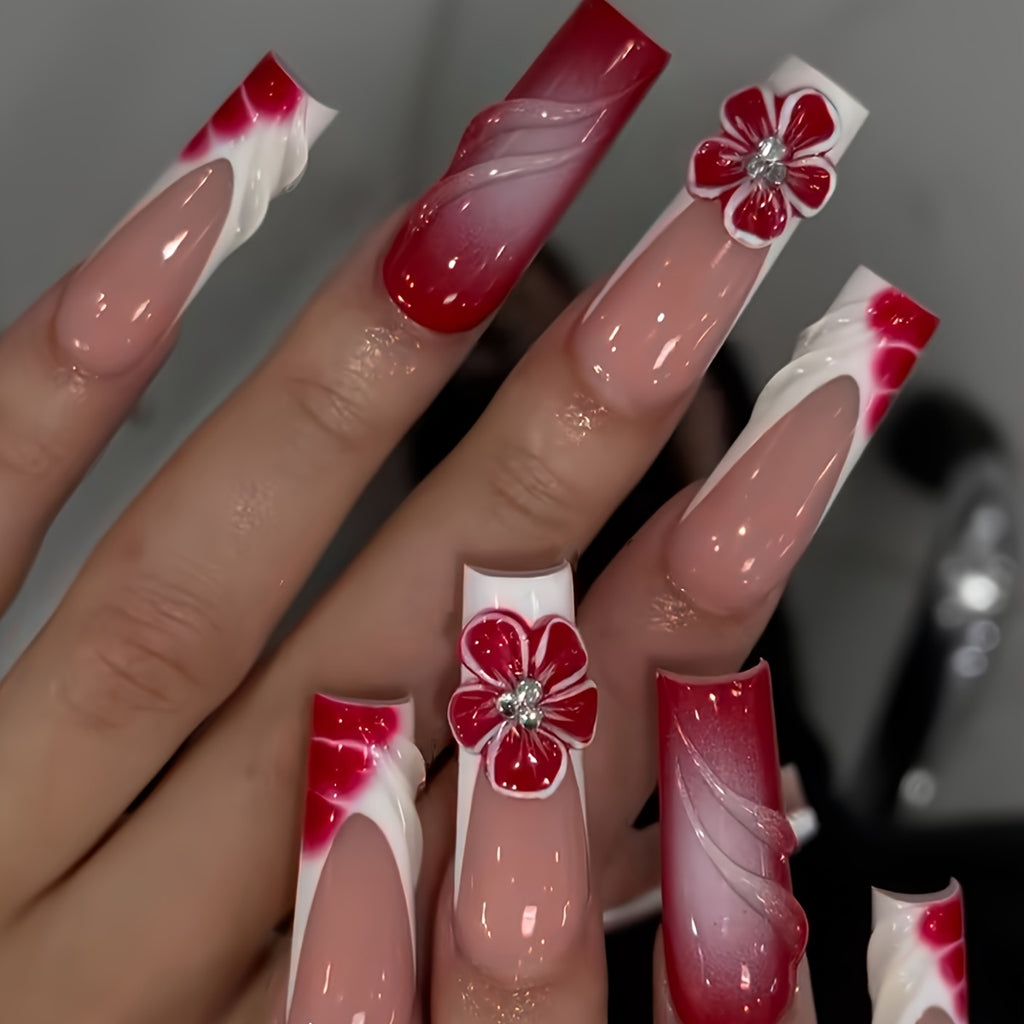 24pcs Ombre White French and Three-dimensional Striped Red Flower Long Water Pipe Shaped False Nails Sweet Cool Press-on Nails with Jelly Glue and Nail File Suitable for All Women