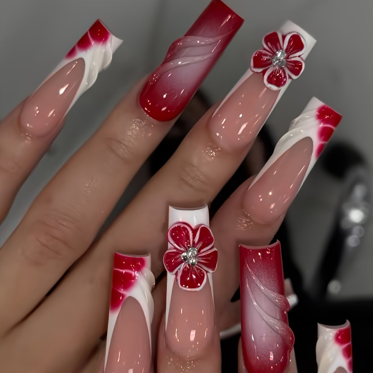 24pcs Ombre White French and Three-dimensional Striped Red Flower Long Water Pipe Shaped False Nails Sweet Cool Press-on Nails with Jelly Glue and Nail File Suitable for All Women