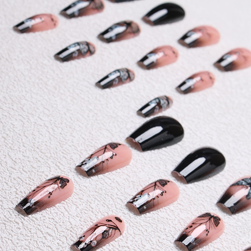 A Pack of 24 Ballet-Shaped Press-On Nails Featuring a Sweet And Cool Butterfly Design, Glossy Finish, Suitable for Women And Girls in The False Nail Category.