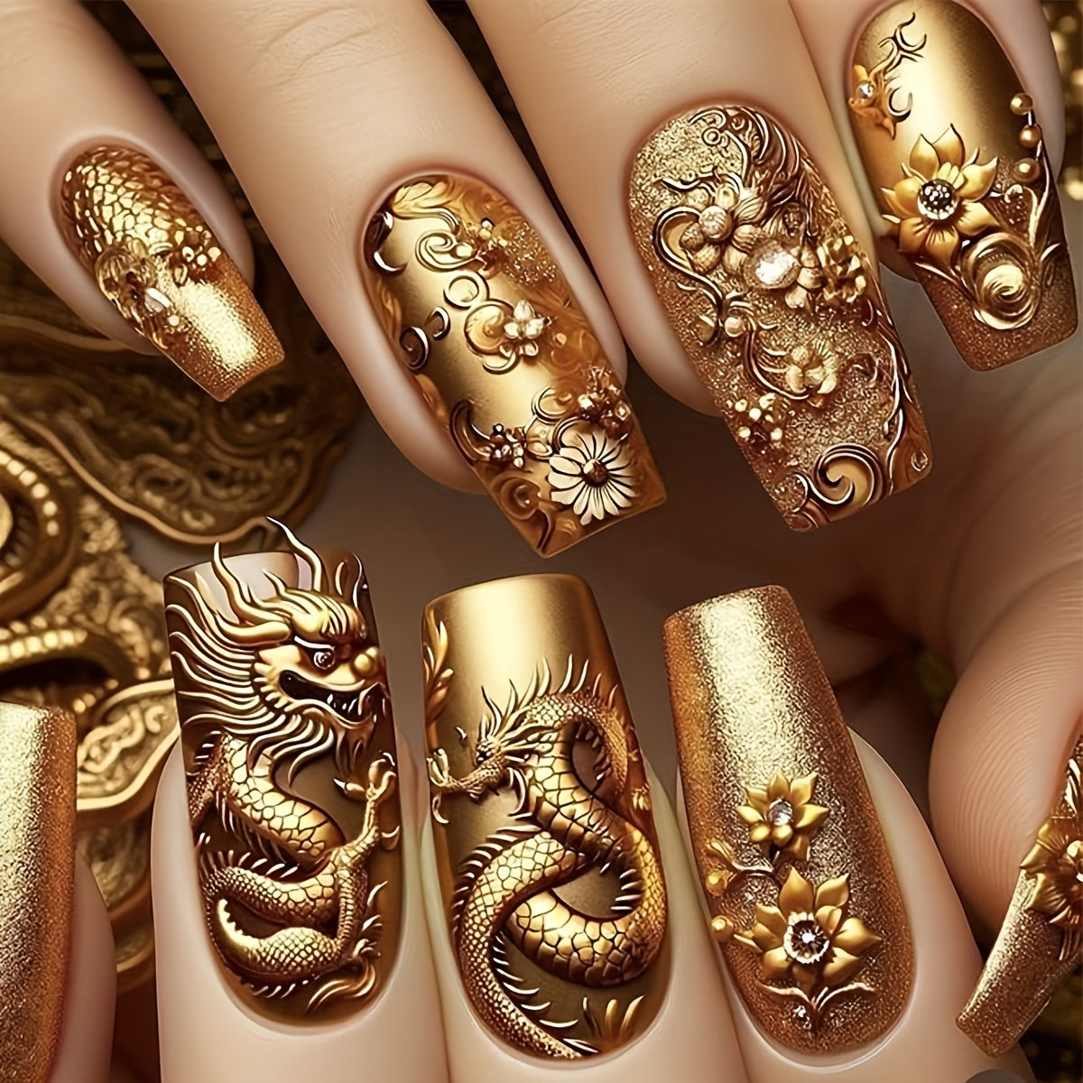 [24pcs Golden Press-On Nails] 24pcs Luxurious Golden Dragon & Floral Design Long Square Press-On Nails | Sparkling Metallic Finish with Jelly Glue & Nail File Included