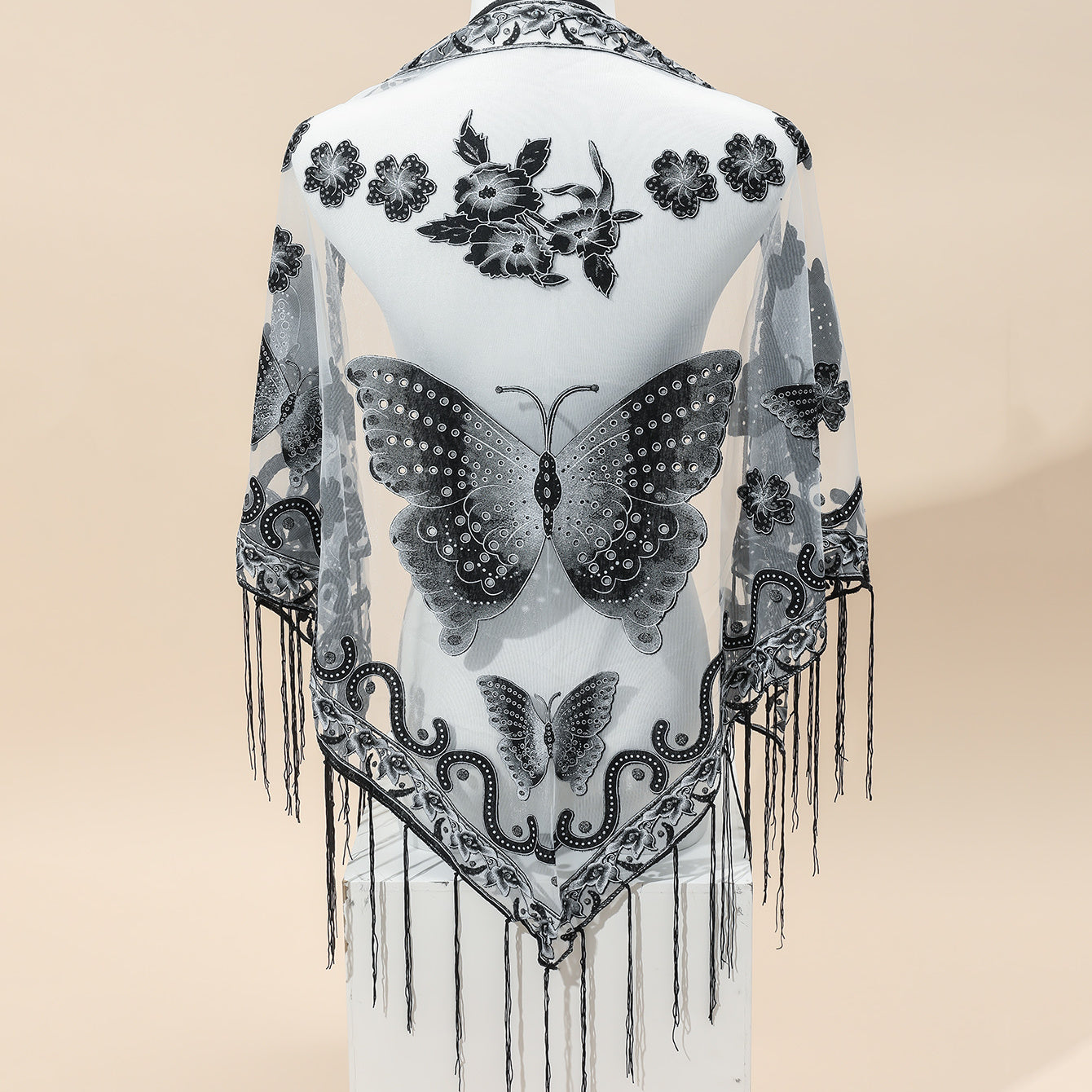 [Elegant Scarf] Elegant Breathable Triangle Scarf - 29.5"×55.1" Butterfly Flower Embroidery Lace Tassel Shawl Windproof Wrap Outdoor Accessories