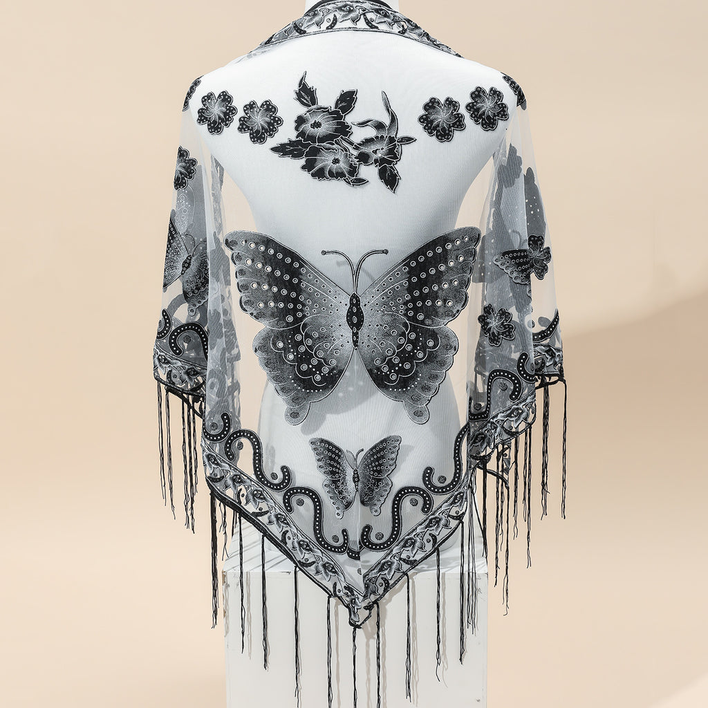 [Elegant Scarf] Elegant Breathable Triangle Scarf - 29.5"×55.1" Butterfly Flower Embroidery Lace Tassel Shawl Windproof Wrap Outdoor Accessories