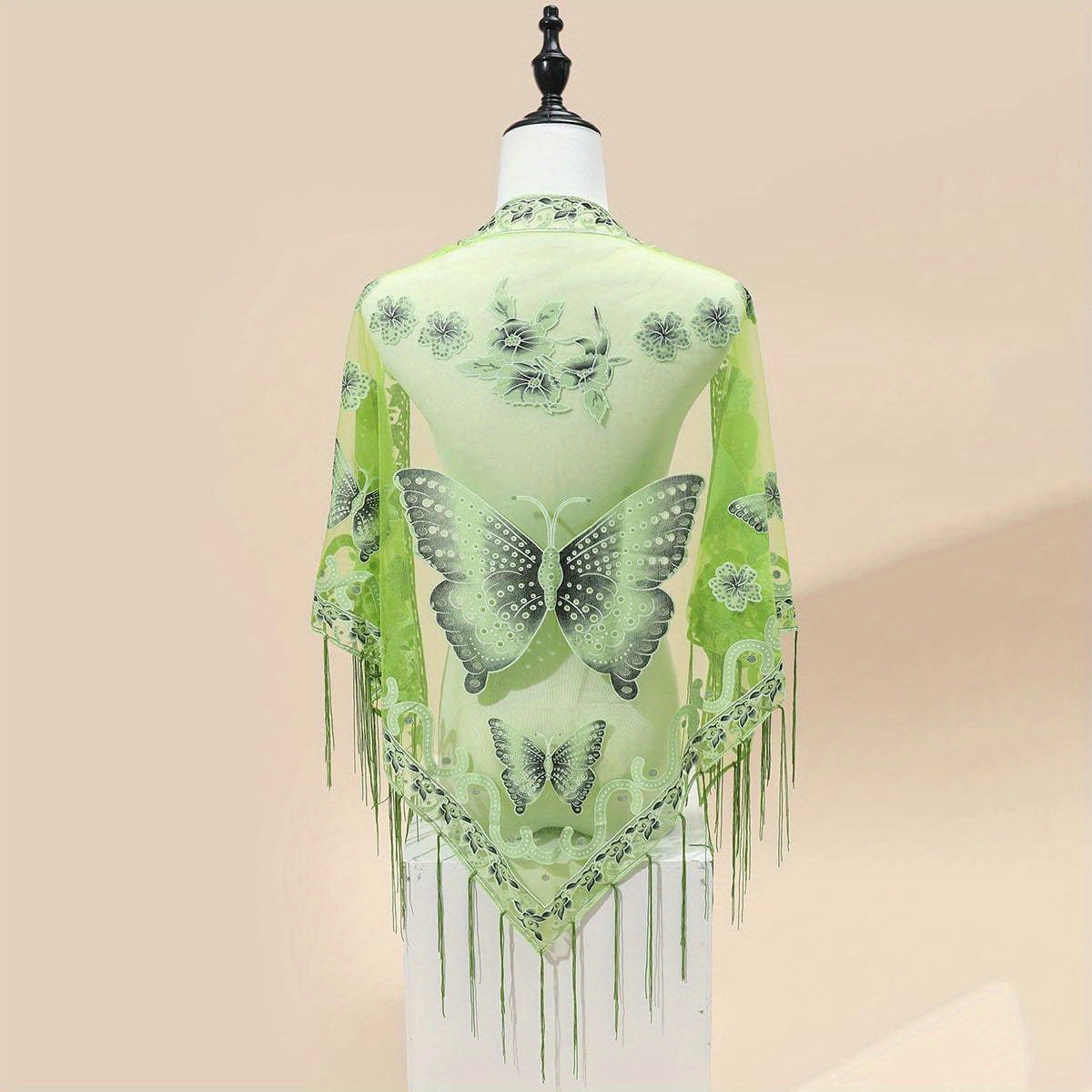 [Elegant Scarf] Elegant Breathable Triangle Scarf - 29.5"×55.1" Butterfly Flower Embroidery Lace Tassel Shawl Windproof Wrap Outdoor Accessories