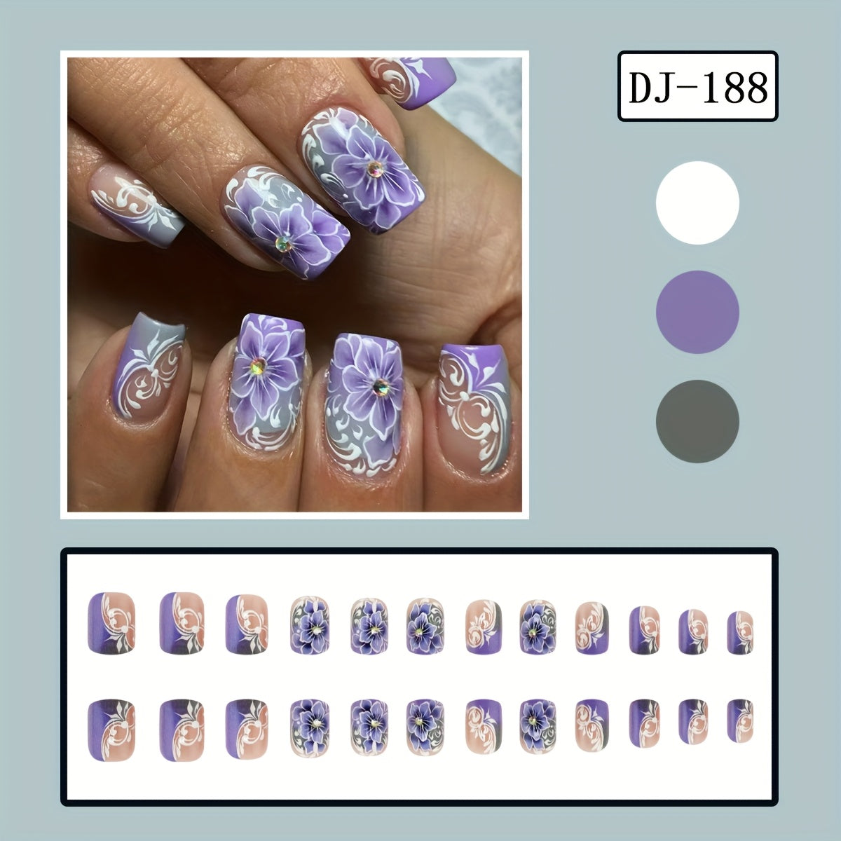 24pcs Short Square Full Coverage Glossy Artificial Nail&Nail File & Backing Gel Manicure Set, Vintage White European Lines Romantic Purple Flower 3D Rhinestone Design Fake Nails, College Style, Suitable for Daily Wear