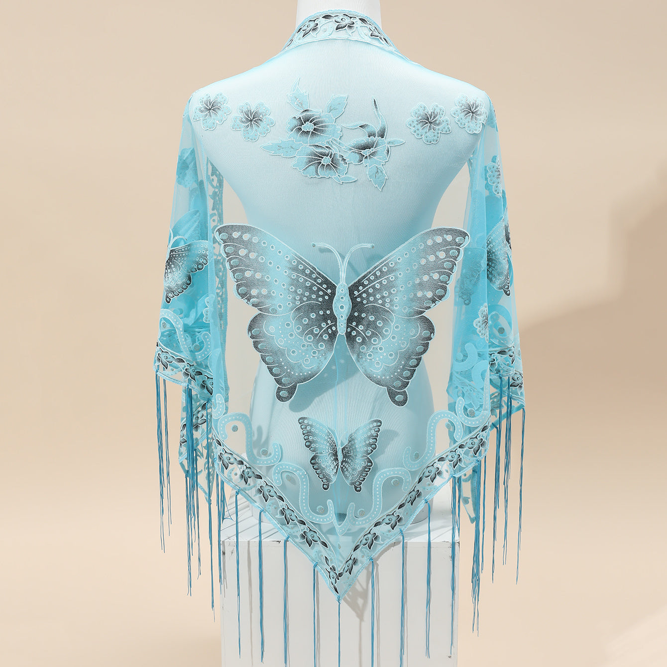 [Elegant Scarf] Elegant Breathable Triangle Scarf - 29.5"×55.1" Butterfly Flower Embroidery Lace Tassel Shawl Windproof Wrap Outdoor Accessories