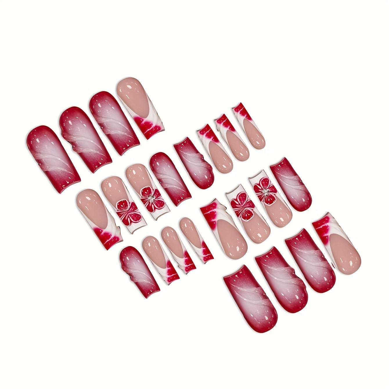 24pcs Ombre White French and Three-dimensional Striped Red Flower Long Water Pipe Shaped False Nails Sweet Cool Press-on Nails with Jelly Glue and Nail File Suitable for All Women