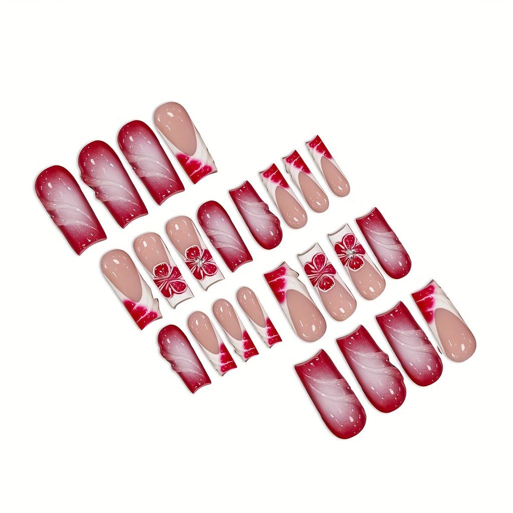 24pcs Ombre White French and Three-dimensional Striped Red Flower Long Water Pipe Shaped False Nails Sweet Cool Press-on Nails with Jelly Glue and Nail File Suitable for All Women
