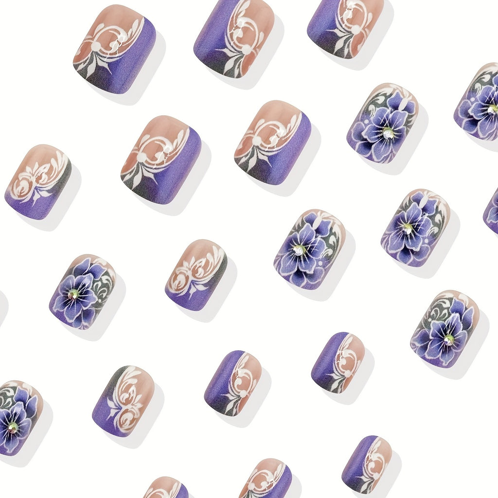 24pcs Short Square Full Coverage Glossy Artificial Nail&Nail File & Backing Gel Manicure Set, Vintage White European Lines Romantic Purple Flower 3D Rhinestone Design Fake Nails, College Style, Suitable for Daily Wear