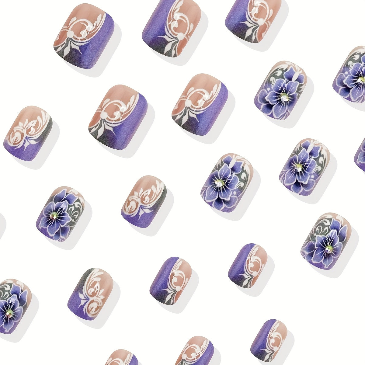 24pcs Short Square Full Coverage Glossy Artificial Nail&Nail File & Backing Gel Manicure Set, Vintage White European Lines Romantic Purple Flower 3D Rhinestone Design Fake Nails, College Style, Suitable for Daily Wear