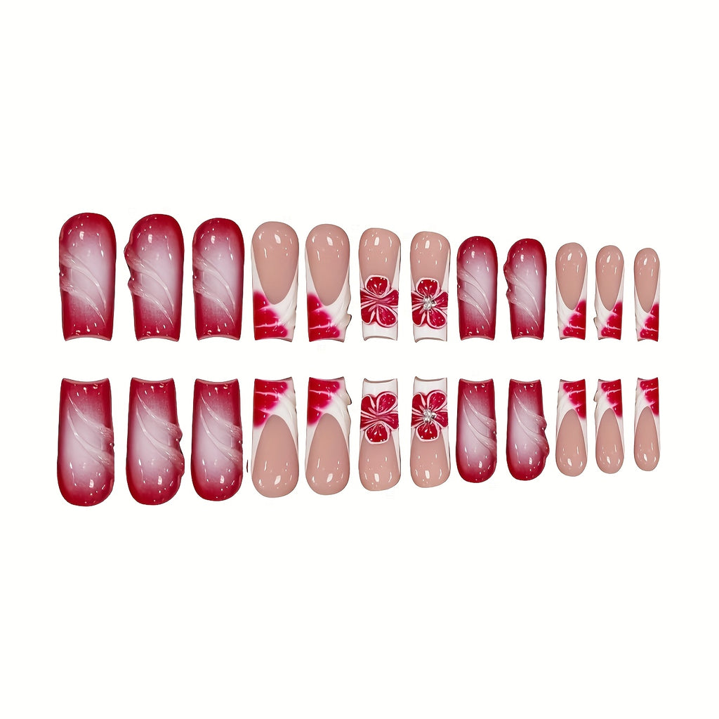 24pcs Ombre White French and Three-dimensional Striped Red Flower Long Water Pipe Shaped False Nails Sweet Cool Press-on Nails with Jelly Glue and Nail File Suitable for All Women