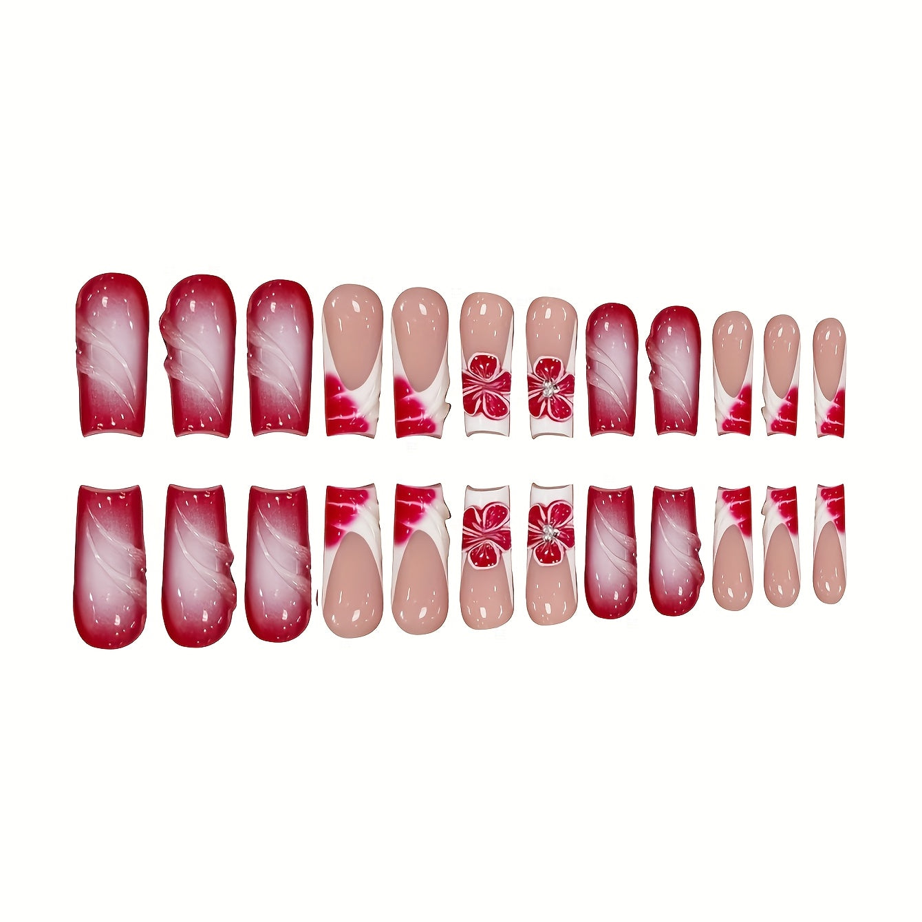 24pcs Ombre White French and Three-dimensional Striped Red Flower Long Water Pipe Shaped False Nails Sweet Cool Press-on Nails with Jelly Glue and Nail File Suitable for All Women