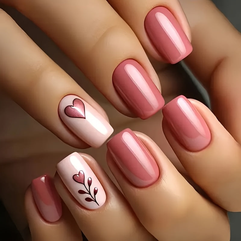 Upgrade Your Look 24pcs European Valentine's Day Style Heart & Flower Short False Nails with Removable Gel and Nail File