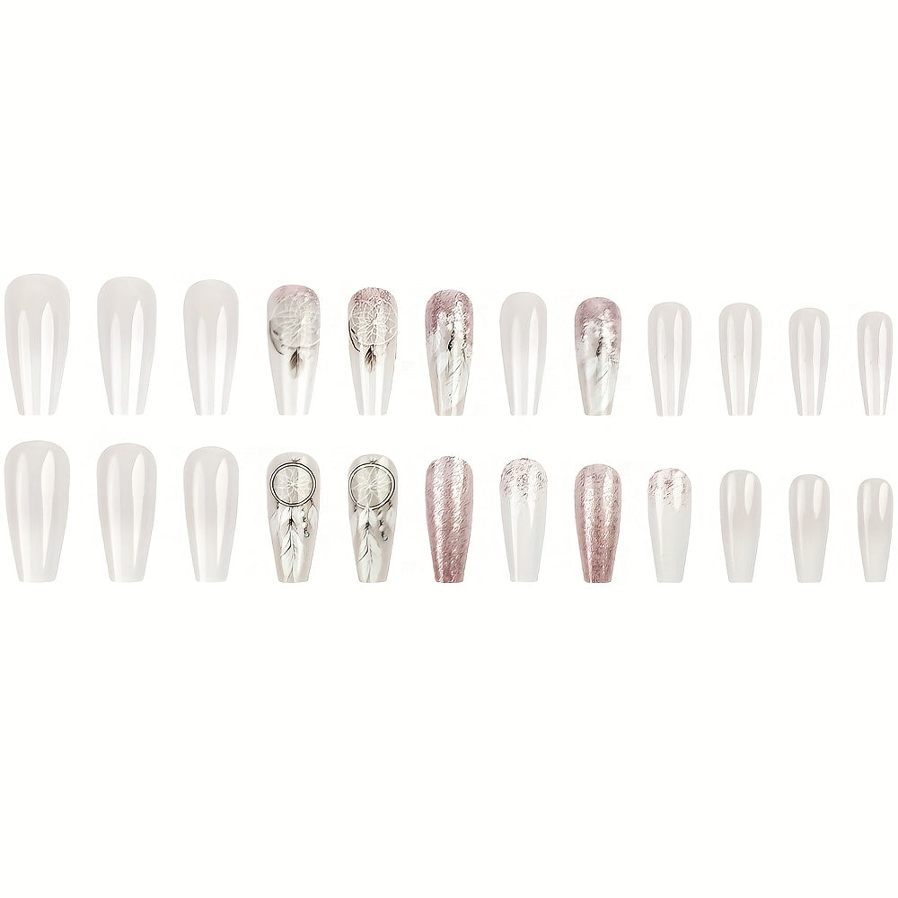 24pcs Set of Coffee glitter gradient dream catcher white feather with Glossy Finish, Removable Pattern Fake Nails for Women & Girls - Ideal for Spring & Summer, Nails for Girls