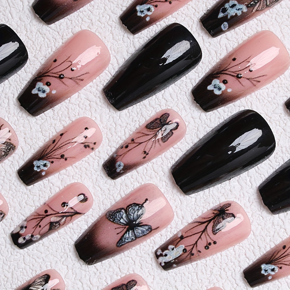 A Pack of 24 Ballet-Shaped Press-On Nails Featuring a Sweet And Cool Butterfly Design, Glossy Finish, Suitable for Women And Girls in The False Nail Category.