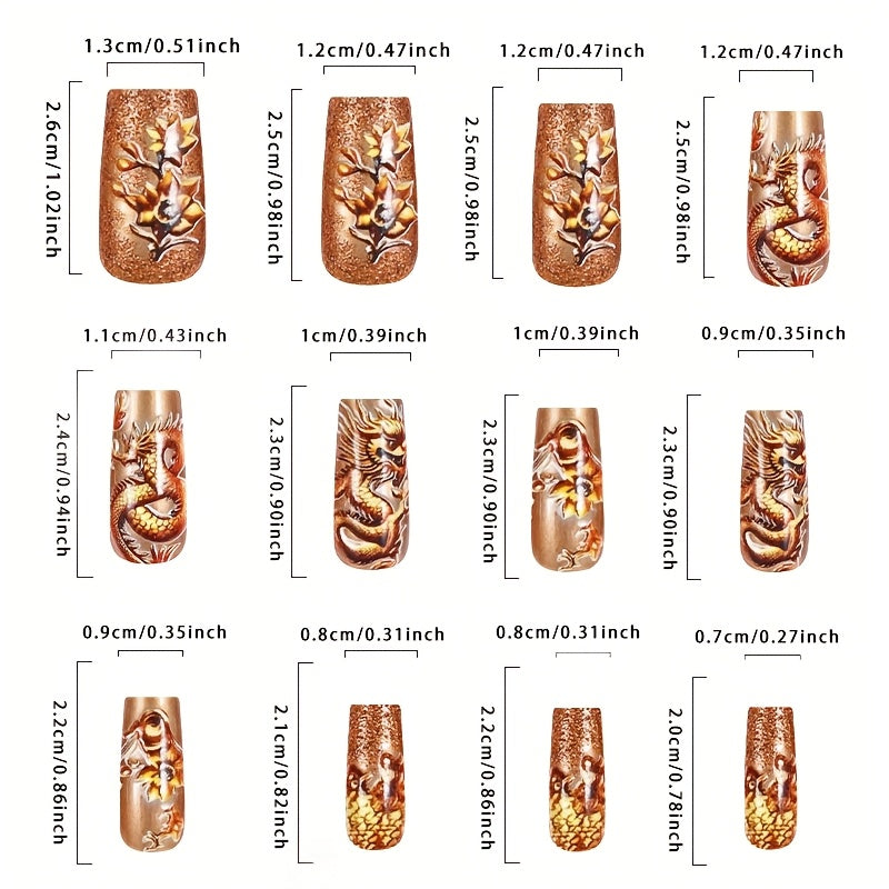 [24pcs Golden Press-On Nails] 24pcs Luxurious Golden Dragon & Floral Design Long Square Press-On Nails | Sparkling Metallic Finish with Jelly Glue & Nail File Included