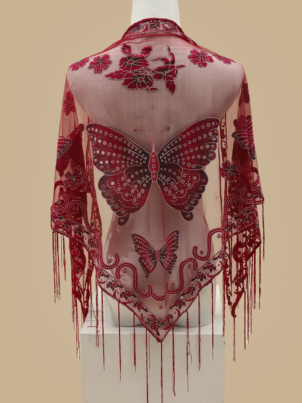 [Elegant Scarf] Elegant Breathable Triangle Scarf - 29.5"×55.1" Butterfly Flower Embroidery Lace Tassel Shawl Windproof Wrap Outdoor Accessories