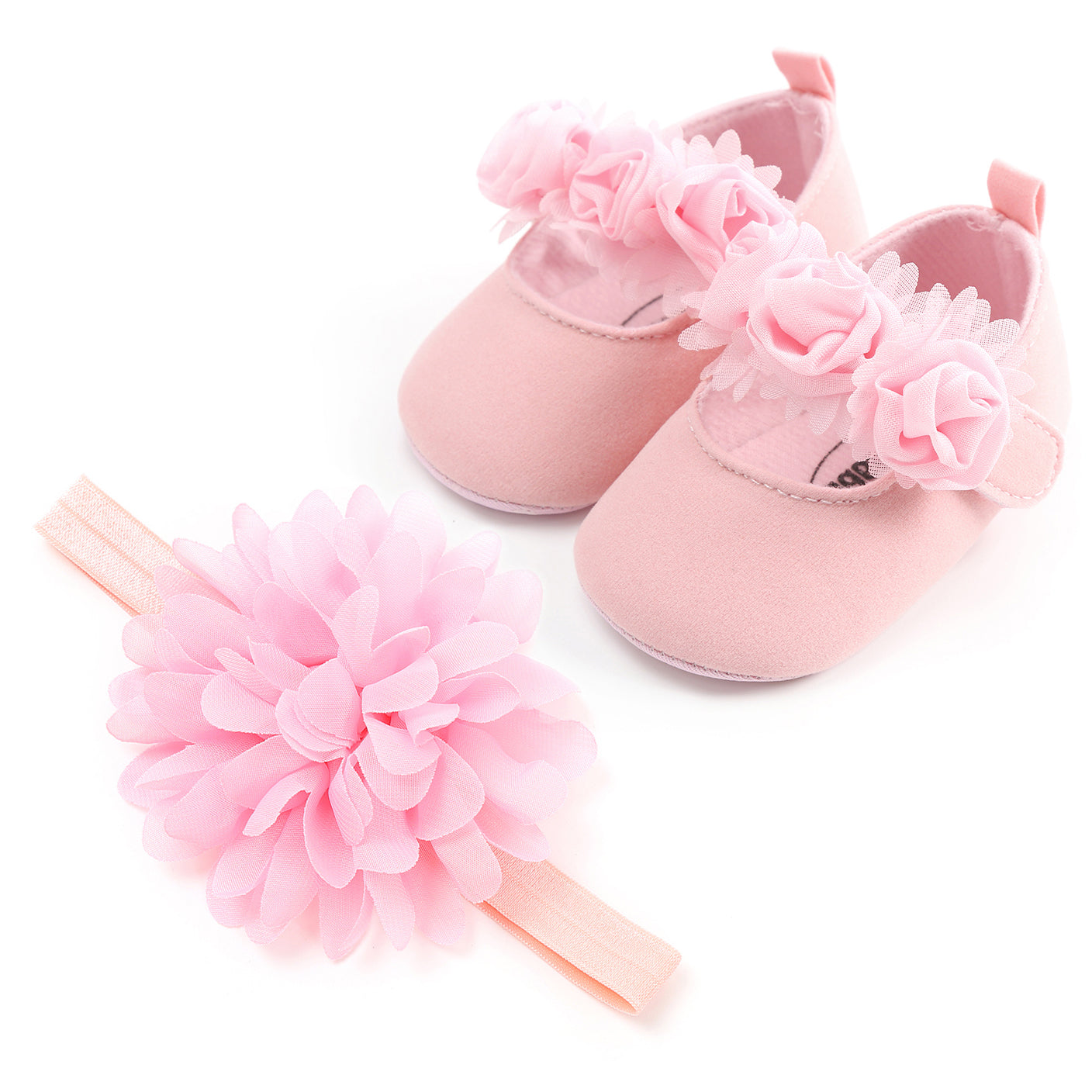 Baby Girls Mary Jane Flat Shoes With Floral Decor & Headband, Princess Wedding Crib Shoes For Infant Newborn First Walkers Prewalkers