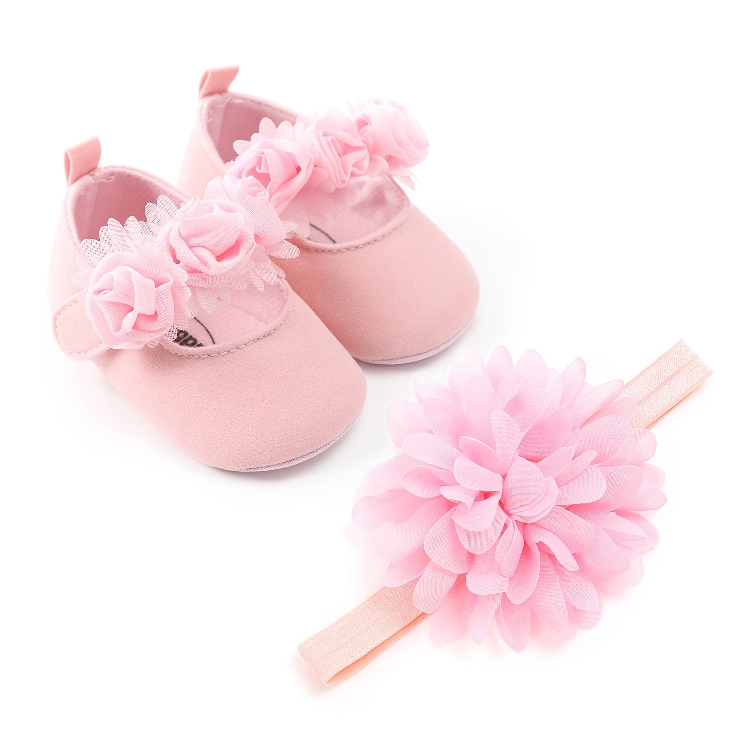 Baby Girls Mary Jane Flat Shoes With Floral Decor & Headband, Princess Wedding Crib Shoes For Infant Newborn First Walkers Prewalkers