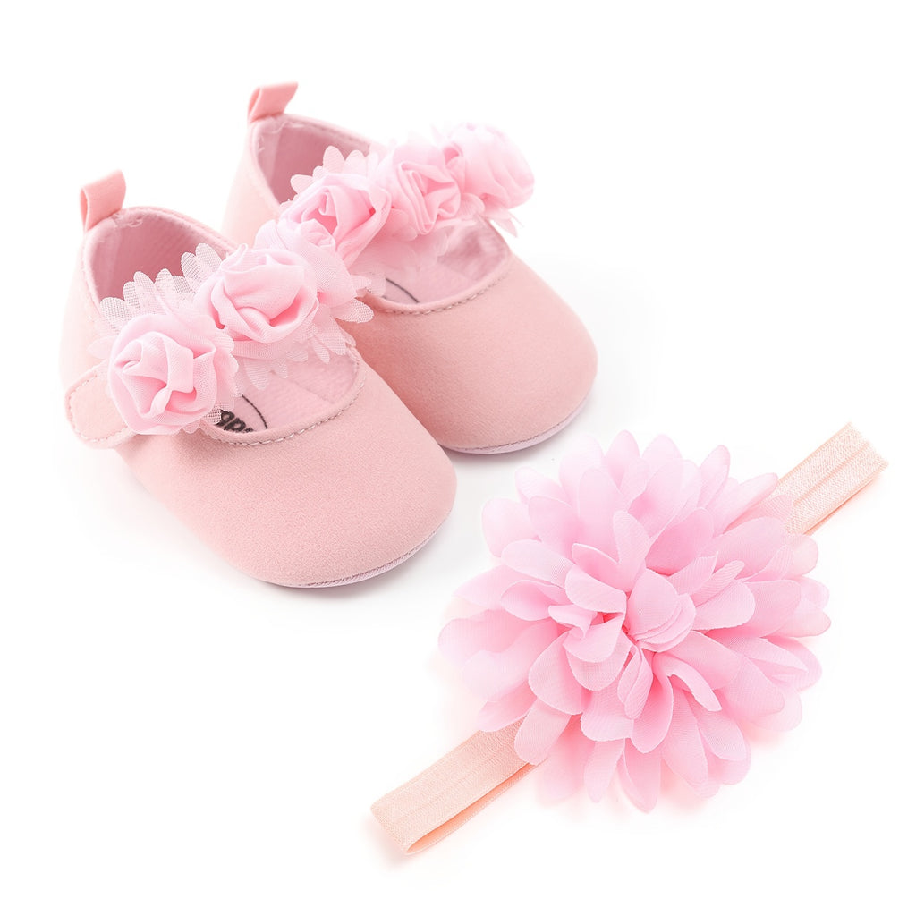 Baby Girls Mary Jane Flat Shoes With Floral Decor & Headband, Princess Wedding Crib Shoes For Infant Newborn First Walkers Prewalkers