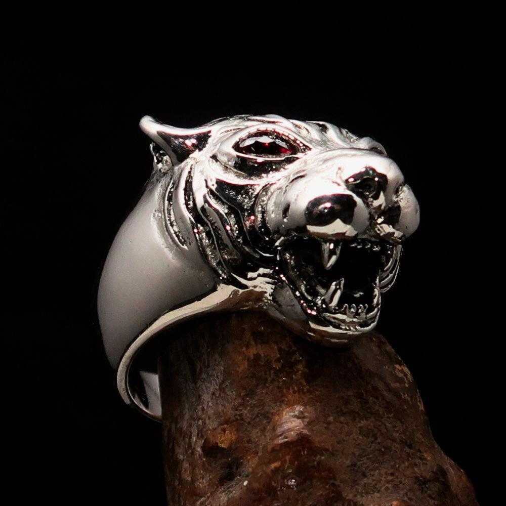 Excellent crafted Men's Tiger Ring red CZ Eyes - Sterling Silver