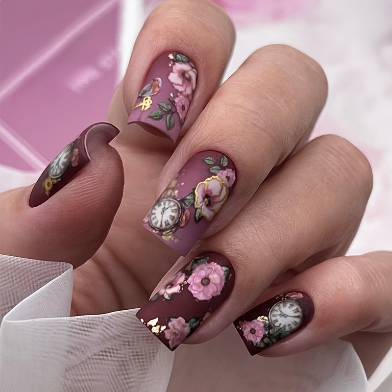 24pcs Short Square Matte Press-On Nails with Cute Panda & Floral Design – White Base, Black & Pink Accents, Golden Glitter, Perfect for Parties, Gifts, and Everyday Elegance