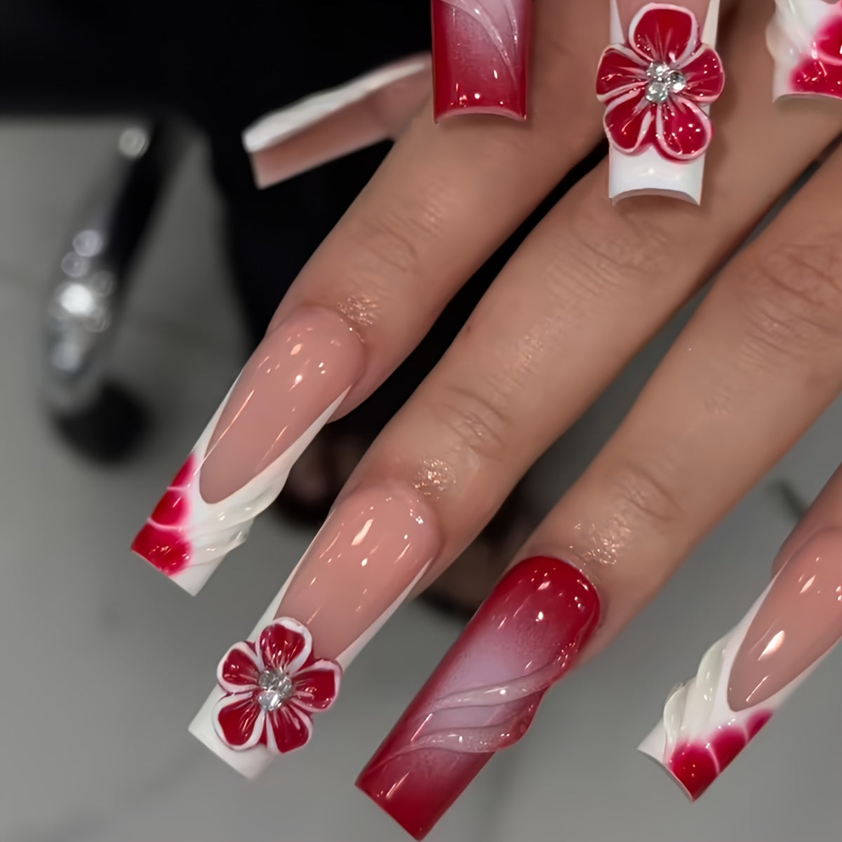 24pcs Ombre White French and Three-dimensional Striped Red Flower Long Water Pipe Shaped False Nails Sweet Cool Press-on Nails with Jelly Glue and Nail File Suitable for All Women