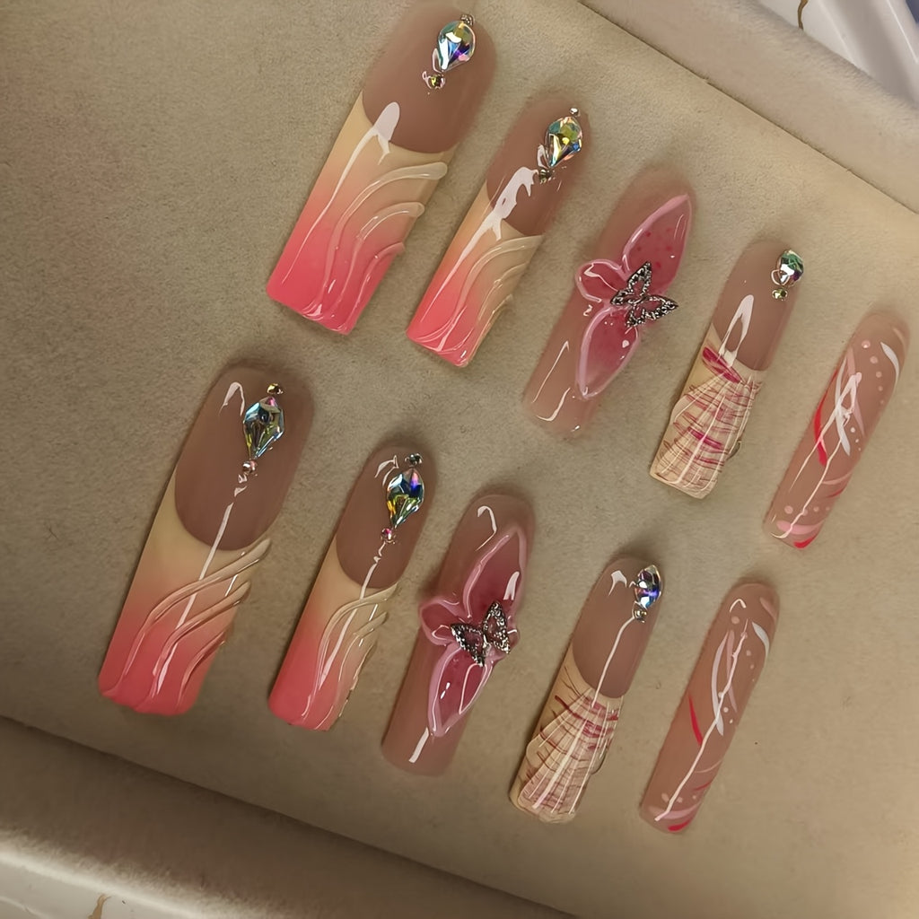 10pcs Handmade Press-On Nails for Women, Full Cover Reusable French Manicure with Cute Flowers, Bowknots & Gradient Design, Sparkling Hand-Painted Nails, Pink & Nude, Middle Length, Glossy Finish, French Tip Nails | Floral Na