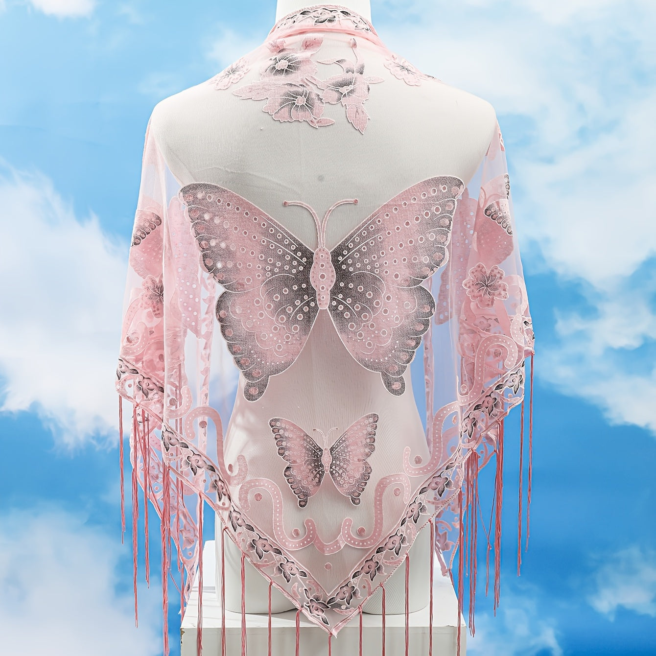 [Elegant Scarf] Elegant Breathable Triangle Scarf - 29.5"×55.1" Butterfly Flower Embroidery Lace Tassel Shawl Windproof Wrap Outdoor Accessories