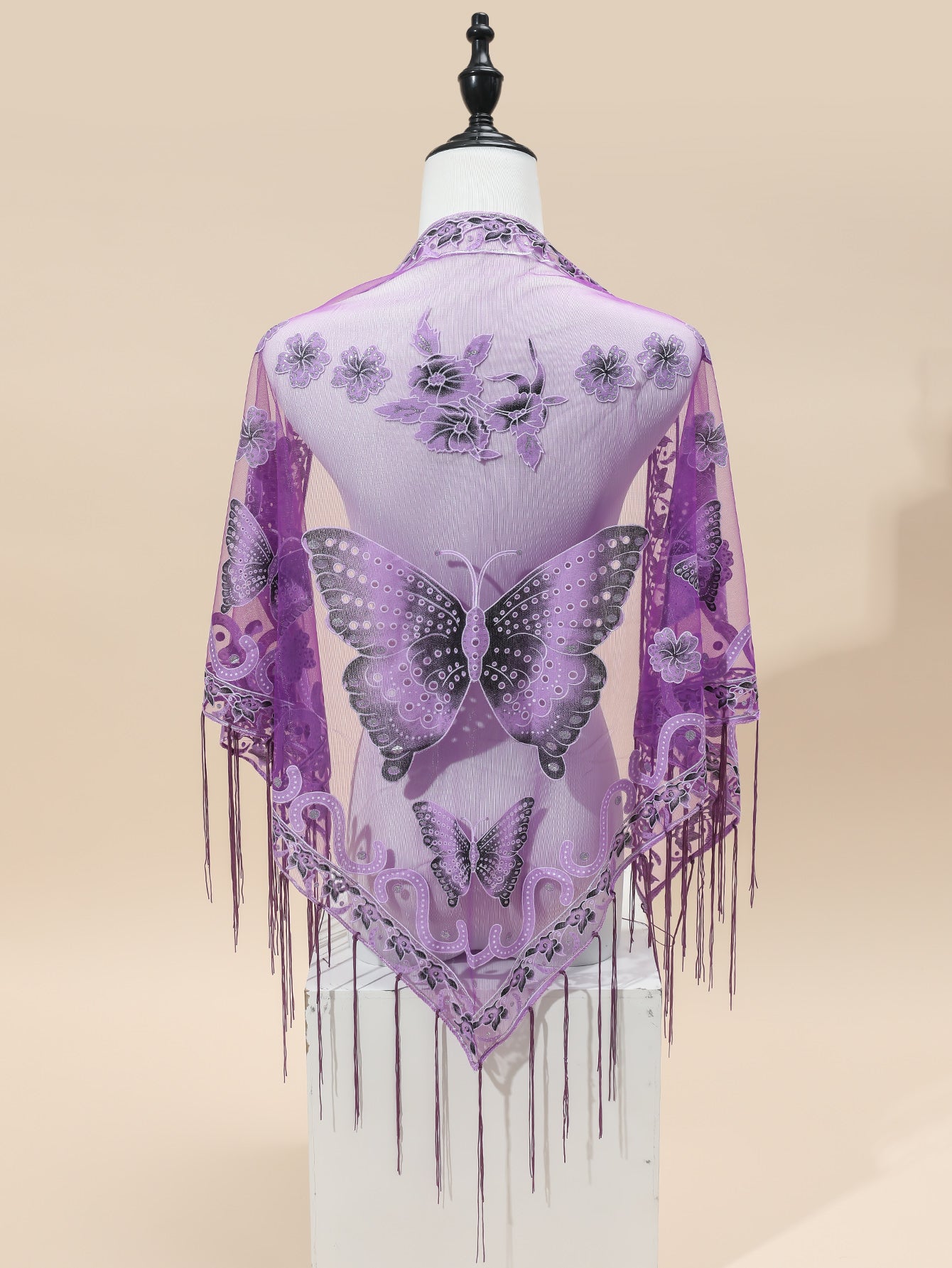 [Elegant Scarf] Elegant Breathable Triangle Scarf - 29.5"×55.1" Butterfly Flower Embroidery Lace Tassel Shawl Windproof Wrap Outdoor Accessories