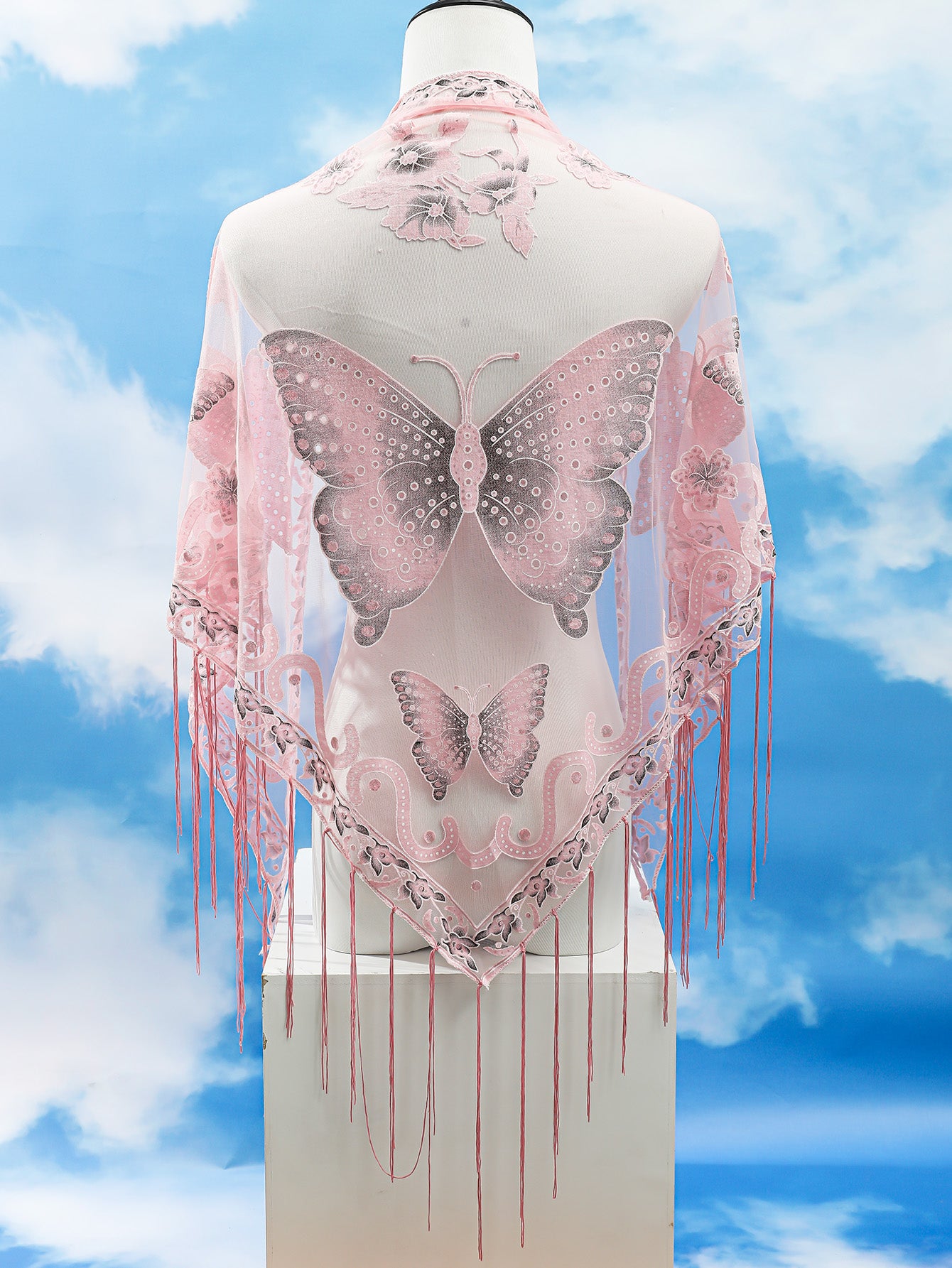 [Elegant Scarf] Elegant Breathable Triangle Scarf - 29.5"×55.1" Butterfly Flower Embroidery Lace Tassel Shawl Windproof Wrap Outdoor Accessories